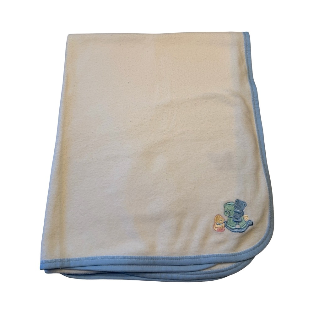 Vintage Just Born Baby Blanket white Blue‎ Trim Rocking Horse Bear USA 30x38